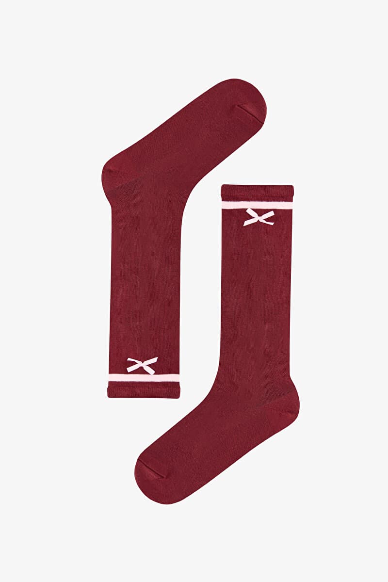 Bordo Collage Bowtie Çizgili Pamuklu Pantolon Çorap