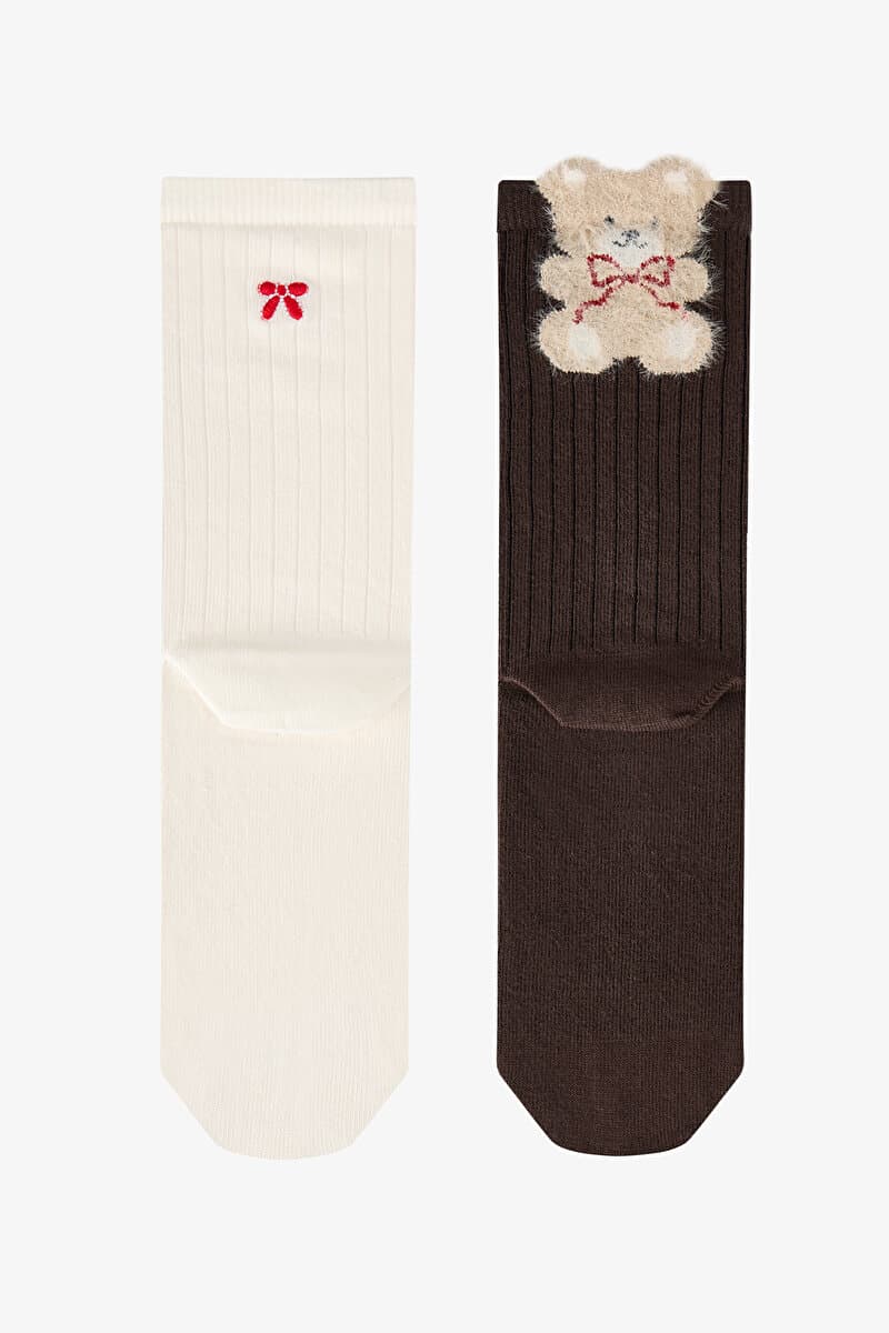 Siyah Beyaz Fluffy Ribbon Bear Pamuklu 2 Çift Soket Çorap