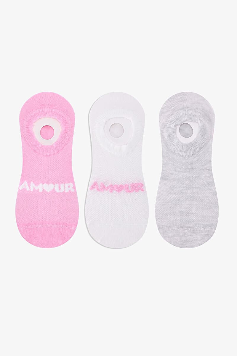 3 Çift Burun Dikişsiz Pamuklu Renkli Amour Slogan Desenli Sneaker Çorap