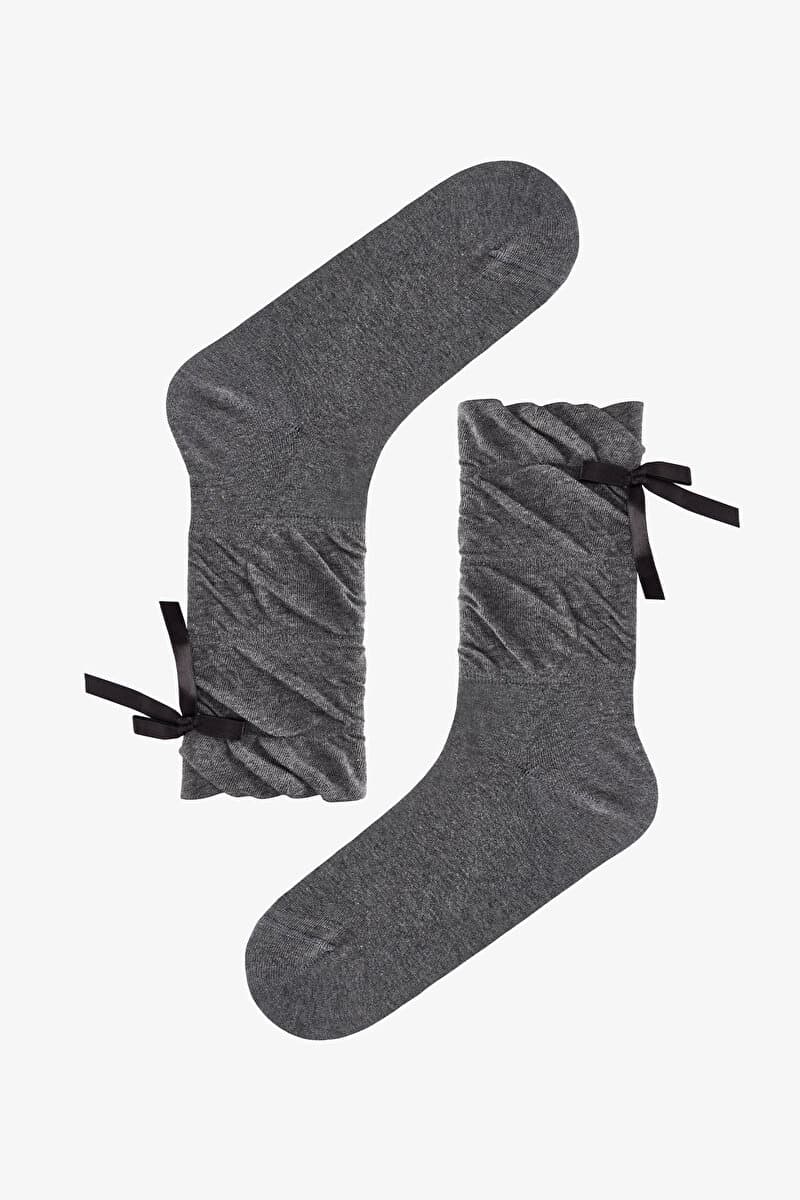 Antrasit Draped Ribbon Pamuklu Soket Çorap