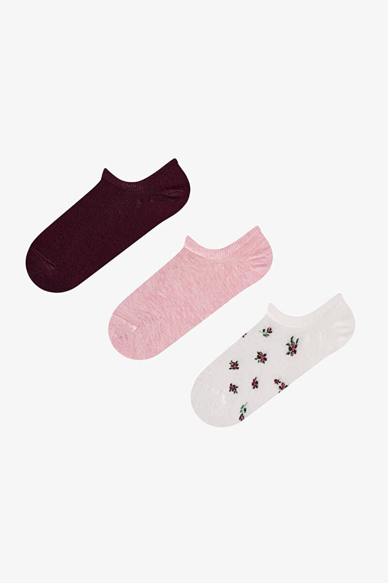 Beyaz Pembe Soft Garden Çiçek Desenli Pamuklu 3 Çift Sneaker Çorap