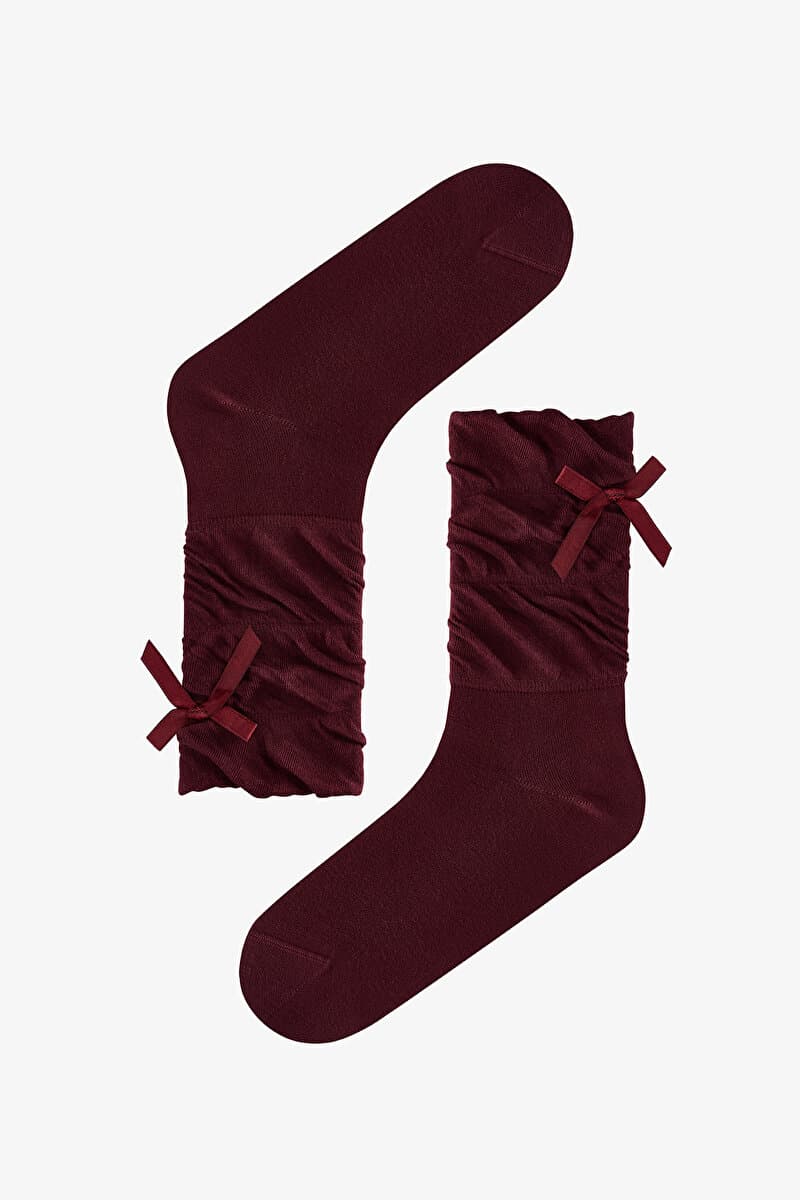 Bordo Draped Ribbon Pamuklu Soket Çorap