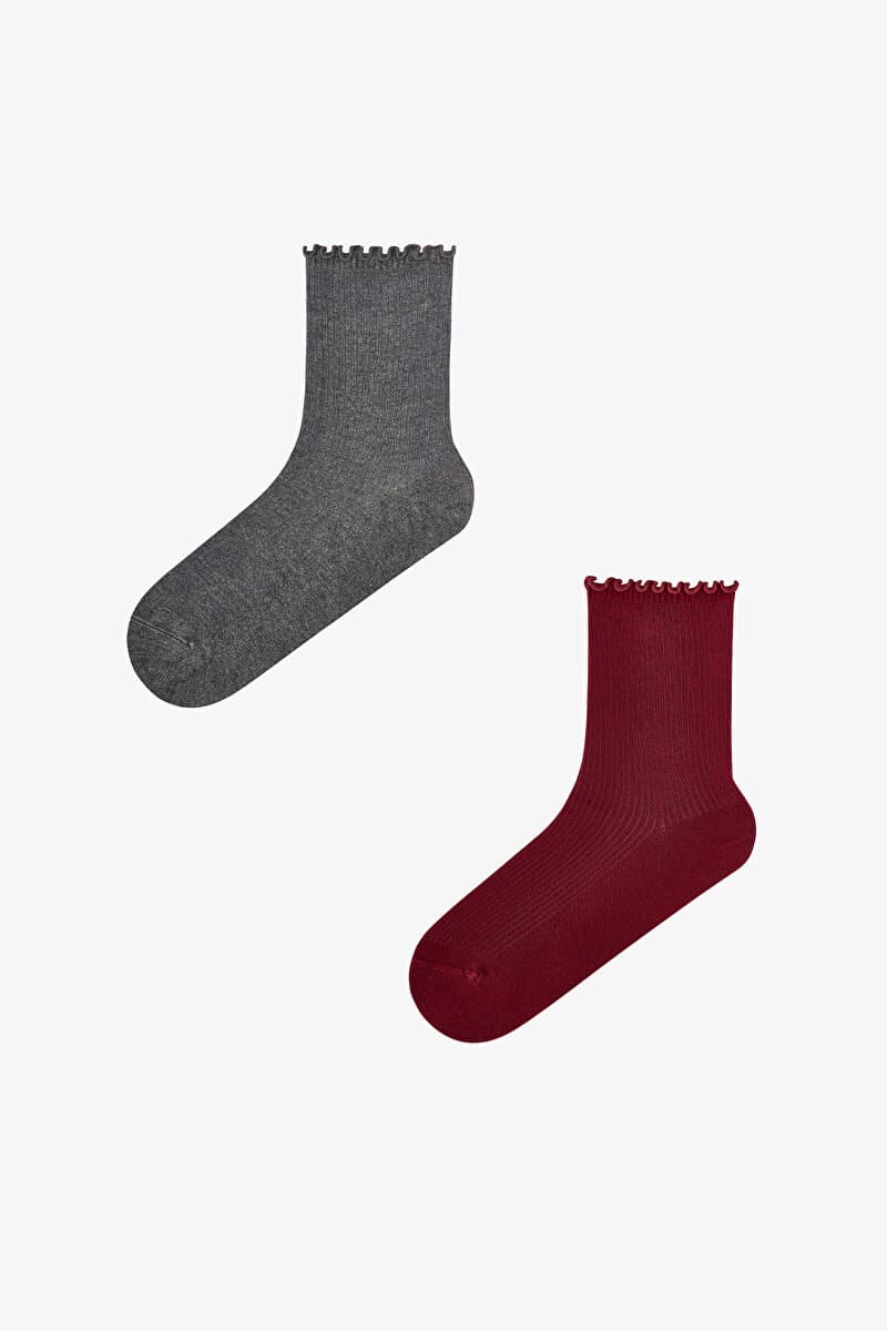 Bordo Duman Classy Fırfırlı 2 Çift Soket Çorap