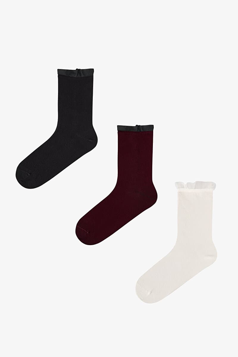 Bordo Siyah Tül Pamuklu 3 Çift Soket Çorap