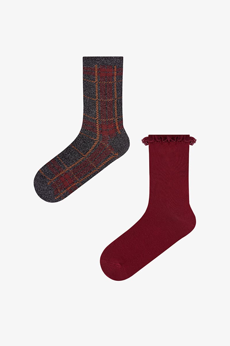 Bordo Siyah Vintage Lace Çizgili Pamuklu 2 Çift Soket Çorap