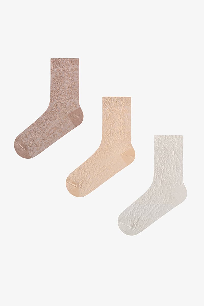 Kahve Elegance Texture Pamuklu Jakarlı 3 Çift Soket Çorap