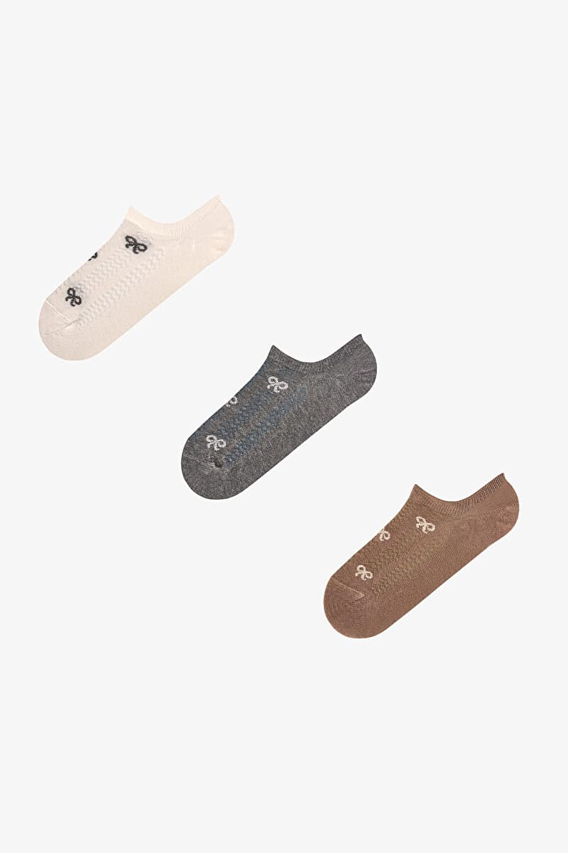 Kahve Ribbon Jakarlı Fiyonk Desenli Pamuklu 3 Çift Sneaker Çorap