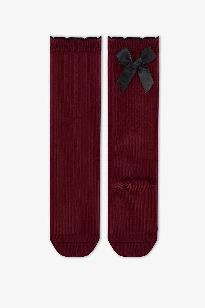 Kız Çocuk Bordo Preppy Sweetie Fiyonk Desenli Pamuklu Pantolon Çorap