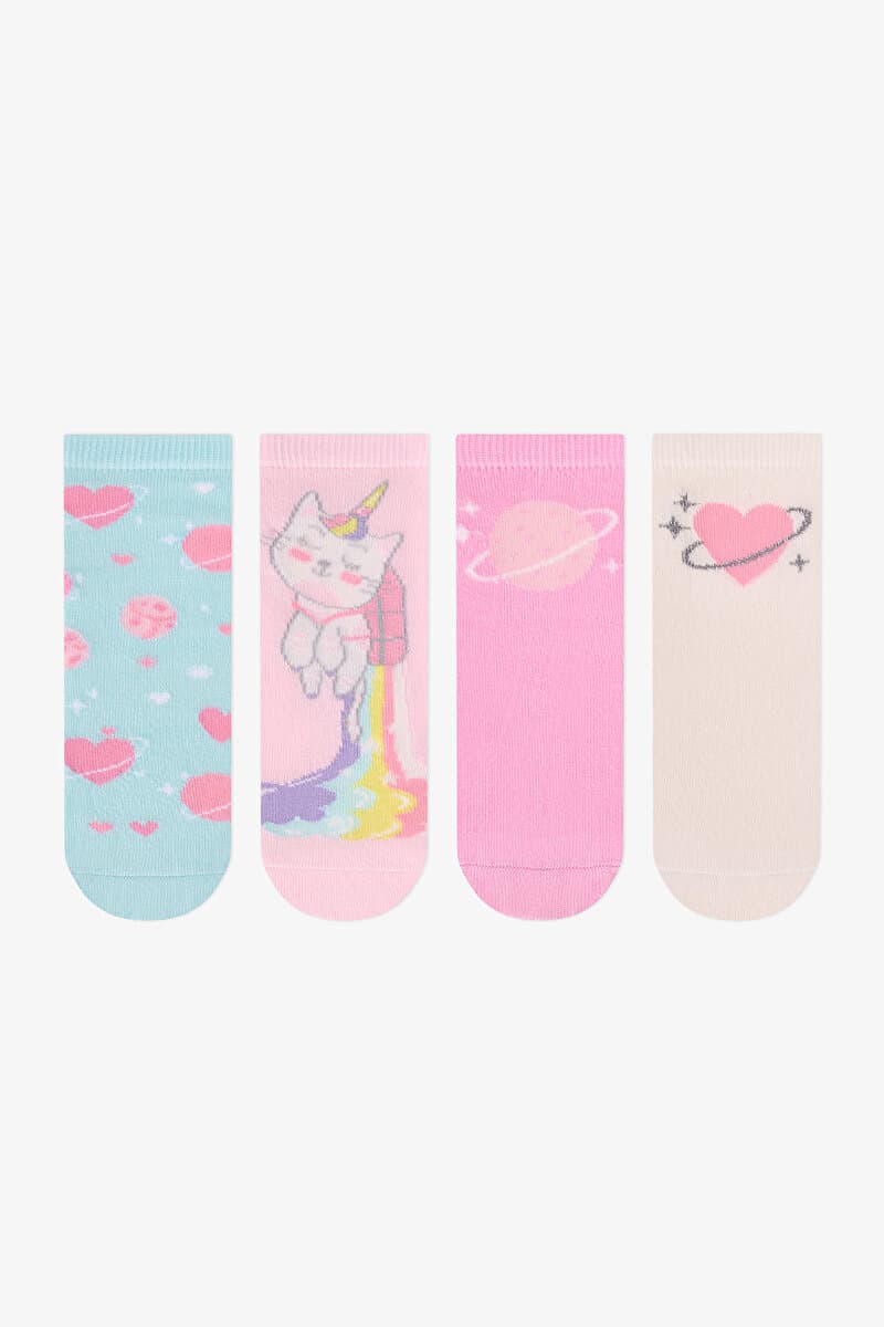 Kız Çocuk Caticorn Galaxy Unicorn Desenli Pamuklu 4 Çift Soket Çorap