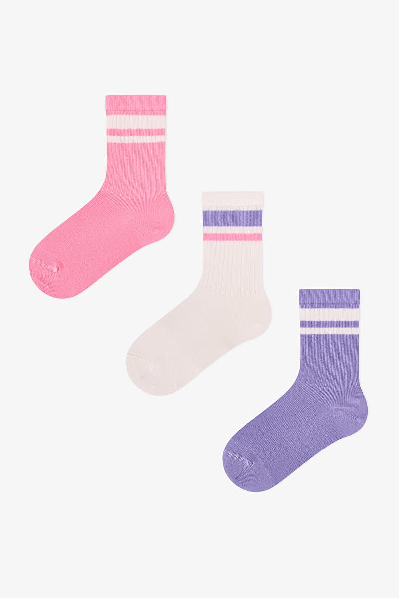 Kız Çocuk Lila Violet Mist Çizgili Pamuklu 3 Çift Soket Çorap