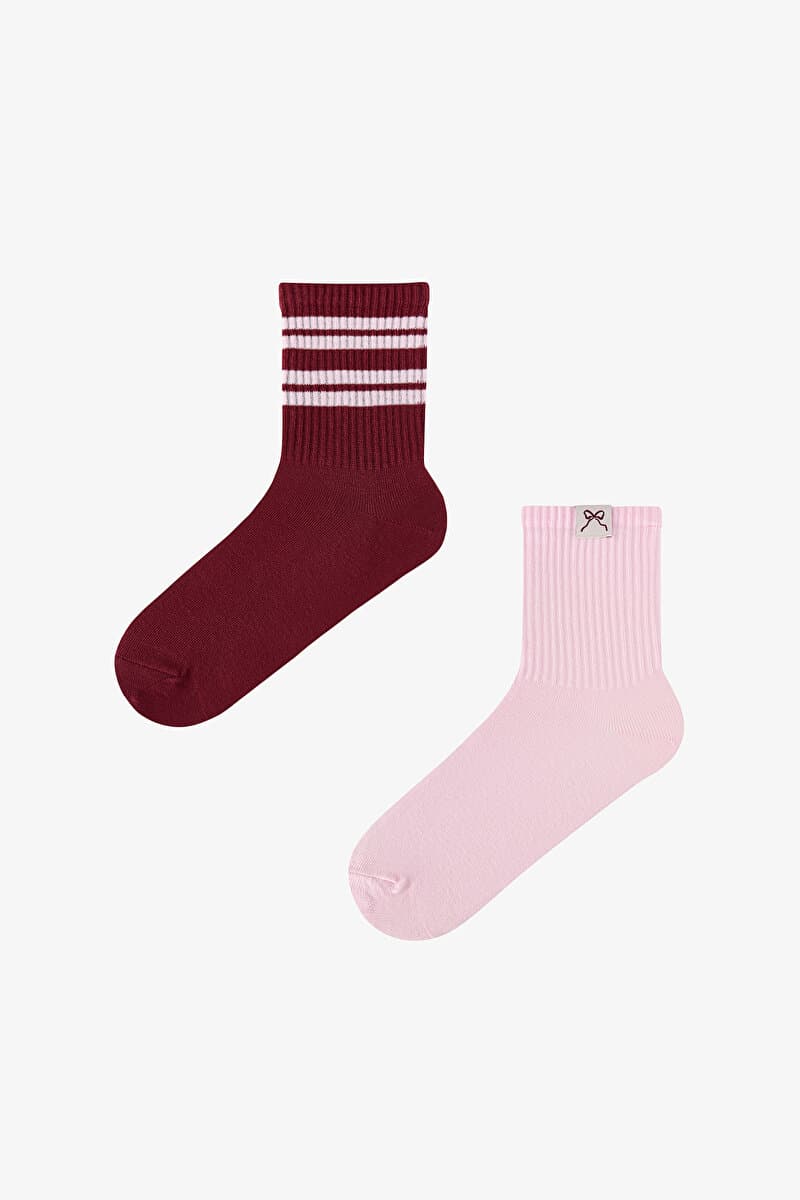 Pembe Bordo Back Collage Çizgili Pamuklu 2 Çift Soket Çorap