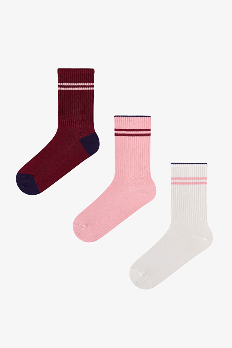 Pembe Bordo Long Tennis Çizgili Pamuklu 3 Çift Soket Çorap
