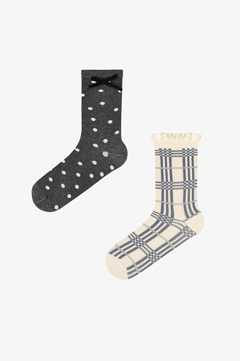 Plaid Lace Ekoseli Pamuklu 2 Çift Soket Çorap