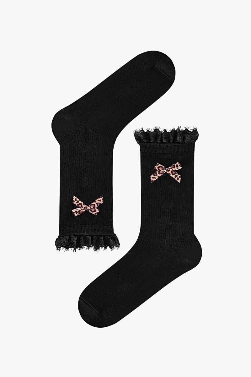 Siyah Leopar Bowtie Pamuklu Soket Çorap